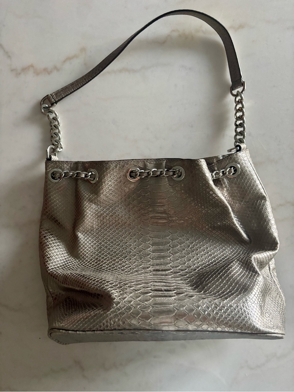 Michael Kors Metallic Silver Python Embossed Bucket Bag - Picture 2 of 6